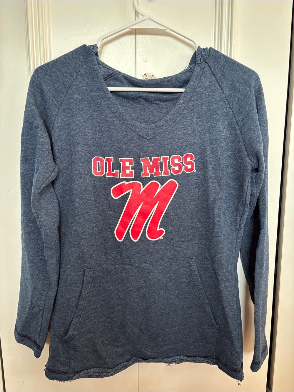 Ole Miss Navy Blue V-Neck Sweatshirt with Red Logo